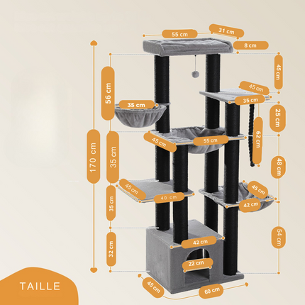 Arbre à Chats Multi-Plateformes avec Maison et Hamacs Suspendus